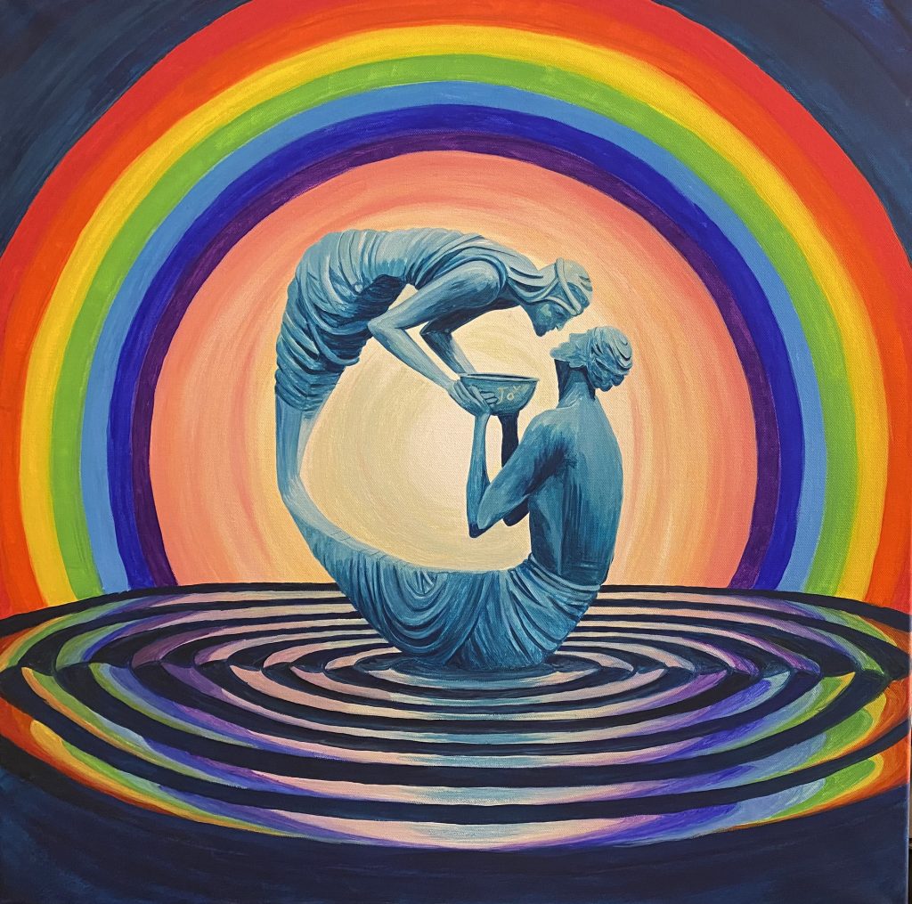 A statue of a woman and a man, Jesus sitting, the woman bending over him, both of them holding a bowl that says joy on the side. Below the statue are ripples of water. The statue is in front of a sunset image, surrounded by a large, bright, childlike rainbow, which is reflected in the water ripples.